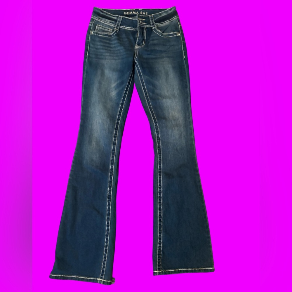 Gemma Rae Dark Blue Flare Jeans With Studded Detail Size 2R